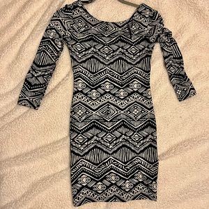 Tribal black and white Bodycon dress 3/4 sleeve